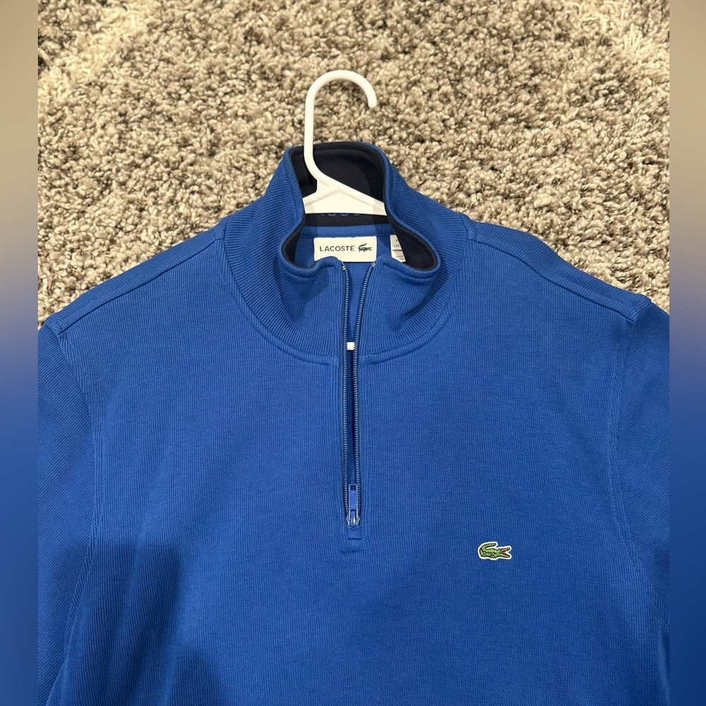 Lacoste Mens 1/4-Zip Side Pockets Pullover Ribbed Sweater Navy Blue XXL Excellen